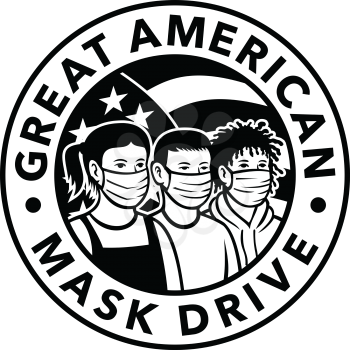 Retro style illustration of American children of different race or ethnicity wearing face mask with USA stars and stripes flag inside circle with words Great American Mask Drive isolated background.