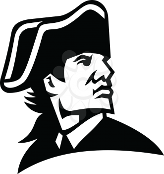 Black and white mascot illustration of head of an American revolution military commander or general wearing tricorn hat looking to side on isolated background in retro style.
