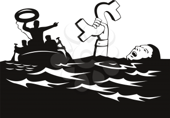 Retro style illustration of a businessman or drowning in debt holding on to dollar money sign while being rescued and given a lifesaver by a rescue party on life raft on isolated white background.