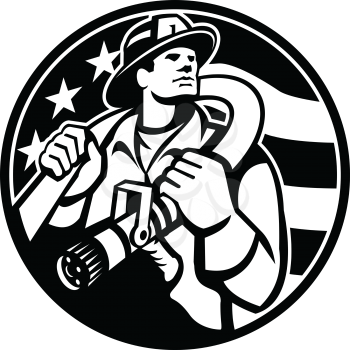 Black and White Illustration of an American fireman firefighter or fire and emergency worker holding fire hose over his shoulder with USA stars and stripes flag set in circle done in retro style.
