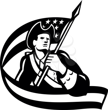 Black and White illustration of an American Patriot revolutionary soldier waving USA stars and stripes flag looking to side on Independence Day done in retro style