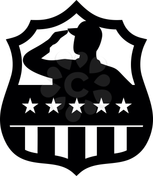 Black and White retro style illustration of silhouette of an American veteran soldier saluting USA stars and stripes, star spangled banner flag front view set inside crest shield on isolated background.
