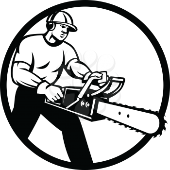 Illustration of lumberjack arborist tree surgeon holding a chainsaw set inside circle on isolated background done in Black and White retro style. 