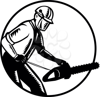 Woodcut Illustration of lumberjack arborist tree surgeon holding a chainsaw cutting tree set in circle on isolated white background.