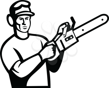 Black and White Illustration of an arborist, tree surgeon or lumberjack holding a chain saw viewed from front done in retro style.