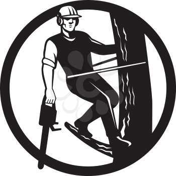 Black and White Icon retro style illustration of tree surgeon, arborist, or arboriculturist, holding chainsaw trimming a tree set inside in circle on isolated background.