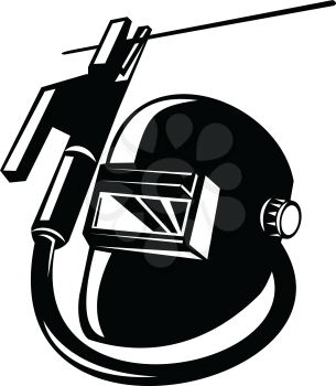 Illustration of arc welding equipment showing welder rod-holder with cable and electrode for electric arc welding and welder visor mask done in retro woodcut Black and White style.