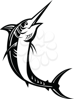 Retro woodcut style illustration of a jumping Atlantic blue marlin, billfish or sailfish on isolated background.