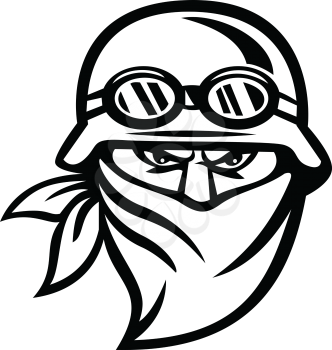 Black and White illustration of head of an outlaw motorcycle club rider or biker wearing face mask and a vintage helmet, goggles and bandanna or scarf viewed from front in retro style.