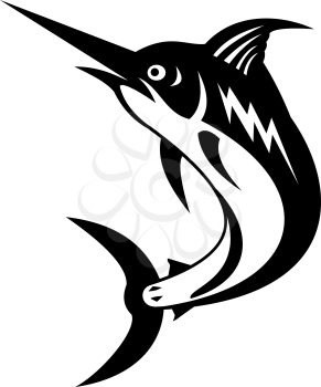 Black and White Illustration of an Atlantic blue marlin, a fish species of marlin endemic, jumping done in retro woodcut style on isolated white background.