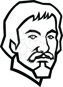 Mascot black and white illustration of head of Michelangelo Merisi da Caravaggio, an Italian painter from the early 1590s to 1610 viewed from front on isolated background in retro style.