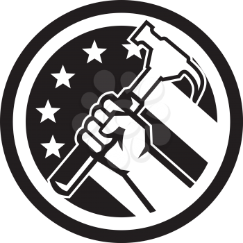 Black and White Illustration of an American carpenter or handyman hand holding a hammer viewed from the side set inside circle with USA stars and stripes flag in the background done in retro style. 