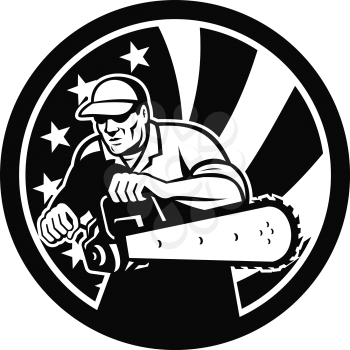 Black and White retro style illustration of an American lumberjack arborist or tree surgeon holding a chainsaw with USA star spangled banner or stars and stripes flag set inside circle isolated.
