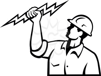 Illustration of an electrician power lineman or construction worker holding a lightning bolt viewed from side done in retro style in isolated white background in black and white.