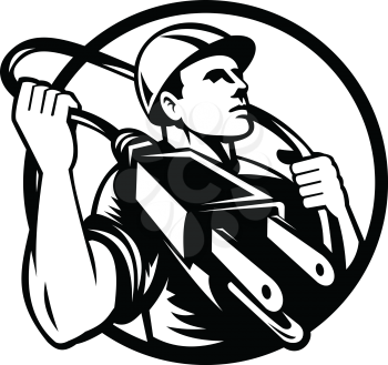 Black and White Illustration of an electrician, power lineman or construction worker holding an electric or electrical plug like a lasso set in circle done in retro style on isolated background.