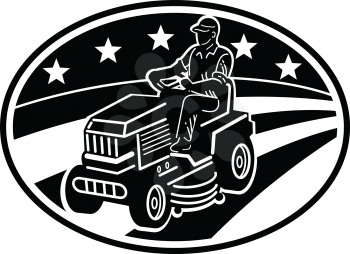 Illustration of American male gardener mowing riding on ride-on lawn mower with stars and stripes flag set inside oval done in retro woodcut Black and White style.