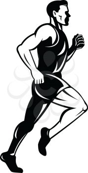 Retro style illustration of a silhouette of a marathon runner running viewed from side done in black and white.