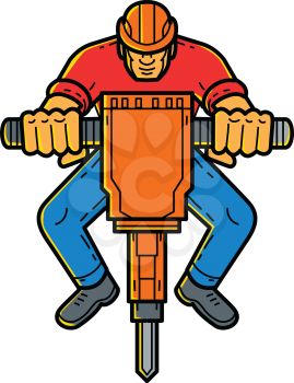 Mono line illustration of a construction worker operating jackhammer, pneumatic drill or demolition hammer, a pneumatic electro-mechanical tool that combines hammer with chisel done in monoline style.
