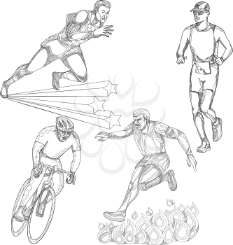A collection of doodle art illustrations that includes the following sports; track and field runner, marathon or triathlete runner, obstacle course race and bicycle or cycling done in black and white.