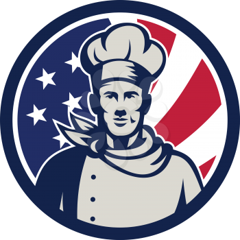 Icon retro style illustration of an American baker, chef or cook fron view with United States of America USA star spangled banner or stars and stripes flag inside circle isolated background.