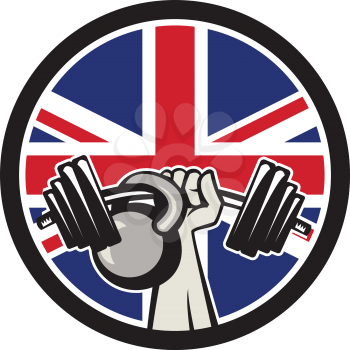 Icon retro style illustration of a British hand lifting a barbell and kettlebell with United Kingdom UK, Great Britain Union Jack flag set inside circle on isolated background.