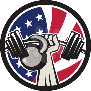 Icon retro style illustration of an American hand lifting a barbell and kettlebell with United States of America star spangled banner or stars and stripes flag set inside circle isolated background.