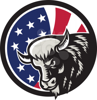 Icon retro style illustration of a North American buffalo or bison with United States of America USA star spangled banner or stars and stripes flag inside circle isolated background.