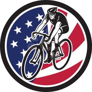 Icon retro style illustration of an American cyclist cycling riding on road bike with United States of America USA star spangled banner or stars and stripes flag inside circle isolated background.