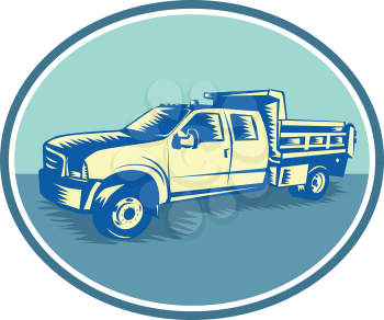 Retro woodcut style illustration of a Tipper Pick-up or pickup truck, equipped with open-box bed hinged at the rear and equipped with hydraulic rams to lift the front viewed from side set inside oval.