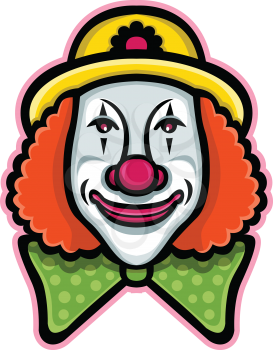 Mascot icon illustration of head of a vintage whiteface circus clown viewed from front  on isolated background in retro style.