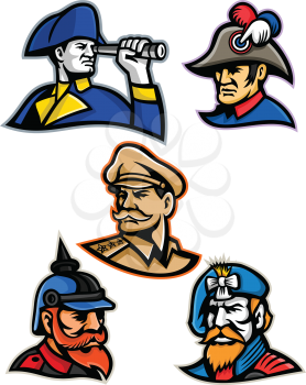 Mascot icon illustration set of heads of military officers and emperors like the British admiral, French emperor, American general, Prussian or German officer and the Jacobite highlander  viewed from  on isolated background in retro style.