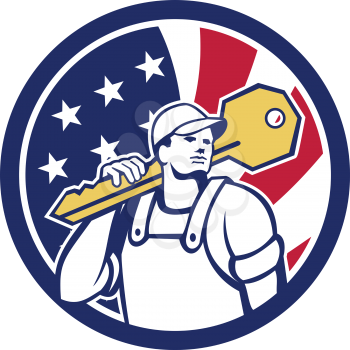 Icon retro style illustration of an American locksmith or key cutter carrying a giant key with United States of America USA star spangled banner, stars and stripes flag in circle isolated background.