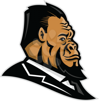 Mascot icon illustration of head of a well-groomed gorilla, ape, primate, caveman, Neanderthal or primitive man, wearing business suit and tie  viewed from side on isolated background in retro style.
