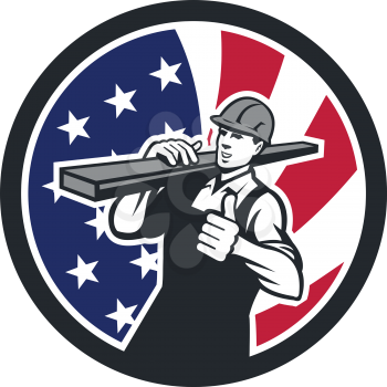Icon retro style illustration of an American lumberyard worker carrying timber on shoulder with thumbs up with United States of America USA star spangled banner or stars and stripes flag in circle.