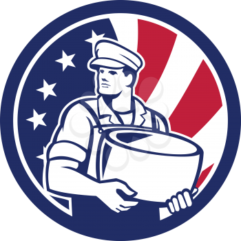 Icon retro style illustration of an American artisan cheesemaker or cheese maker holding Parmesan cheese with United States of America USA star spangled banner or stars and stripes flag in circle.