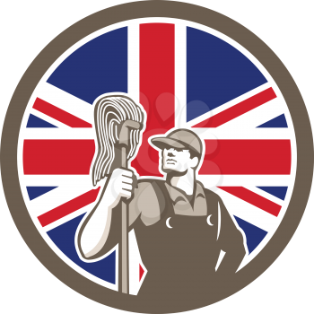 Icon retro style illustration of a British professional industrial cleaner or cleaning services worker holding mop with United Kingdom UK, Great Britain Union Jack flag set inside circle.

