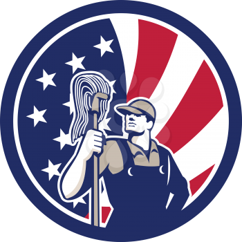 Icon retro style illustration of an American professional industrial cleaner or cleaning services worker holding mop with United States of America USA star spangled banner flag inside circle.