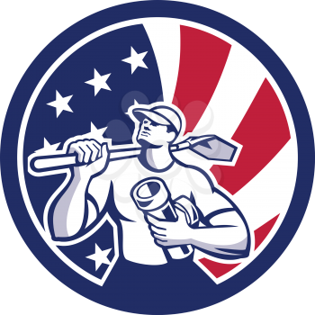 Icon retro style illustration of an American drainlayer, drainage specialist, construction worker holding shovel pipe with United States of America USA star spangled banner or stars and stripes flag.