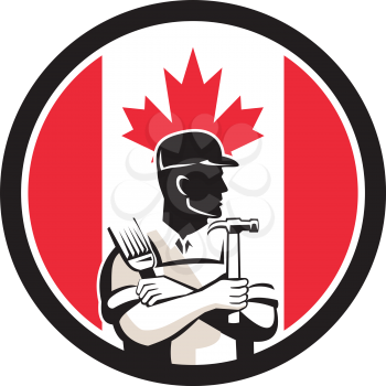 Icon retro style illustration of a Canadian DIY Expert, handyman, carpenter, DIYer or renovator with tools with Canada maple leaf flag set inside circle on isolated background.