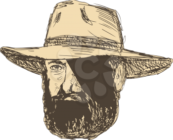 Drawing sketch style illustration of a Bearded Cowboy Head wearing a hat viewed from front on isolated background.
