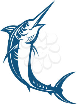 Retro style illustration of a jumping blue marlin, billfish or sialfish on isolated background.