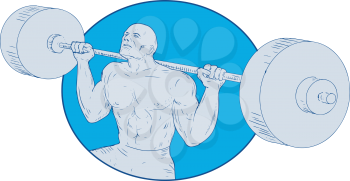 Drawing sketch style illustration of a Strongman weightlfter lifting Powerlifting Barbell set inside circle on isolated background.