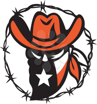 Icon style illustration of a Texan outlaw or bandit wearing a mask with Texas flag framed with a circular barb wire on isolated background.