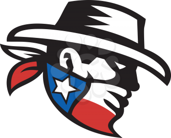 Retro style illustration of a masked Texas Bandit Cowboy head wearing a bandana mask with texas Lone Star State flag on isolate background.