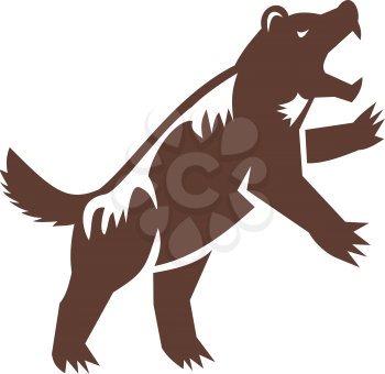 Illustration of a wolverine, Gulo gulo, glutton, carcajou, skunk bear, or quickhatch, the largest land-dwelling species of the family Mustelidae, standing on hind legs viewed from side done in retro style.