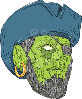 Grime art style illustration of a Buccaneer Pirate privateer wearing a tricorne hat and eye patch on isolated background.