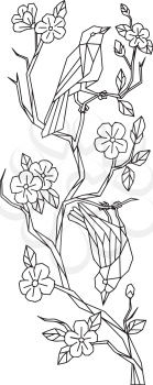 Low polygon style illustration of Japanese white-eye birds on branch of sakura cherry blossoms tree on isolated background done in black and white.