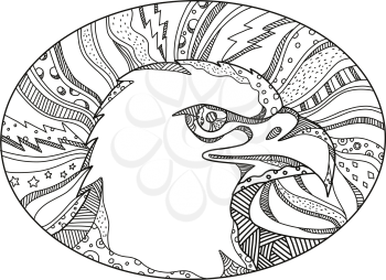 Doodle art illustration of head of bald eagle or sea eagle, bird of prey found in North America side view set inside oval in black and white done in mandala style.