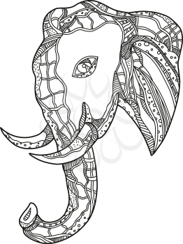 Doodle art illustration of bull african elephant head viewed from side in black and white done in mandala style.
