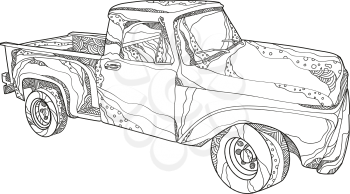 Doodle art illustration of a vintage pickup truck, a light duty truck with enclosed cab and an open cargo area with low sides and tailgate done in mandala style.